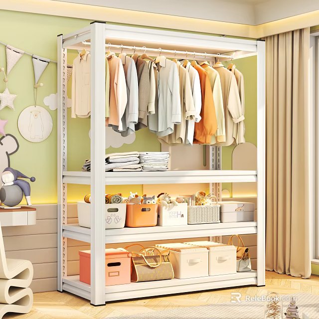 Kids Room Clothes Rack with Hanging Clothes Folded Laundry Storage Boxes and Decorative Wall Ornaments 3d model 