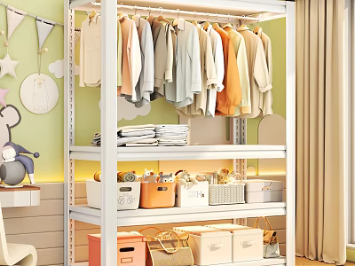 Kids Room Clothes Rack with Hanging Clothes Folded Laundry Storage Boxes and Decorative Wall Ornaments 3d model