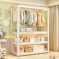 Kids Room Clothes Rack with Hanging Clothes Folded Laundry Storage Boxes and Decorative Wall Ornaments