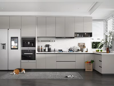 Modern Kitchen Interior With Gray Cabinets Silver Appliances And Dark Flooring 3d model