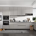 Modern Kitchen Interior With Gray Cabinets Silver Appliances And Dark Flooring