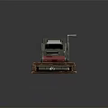 Vintage Cash Register Placed On Brown Leather Case With Open Drawer And Metallic Body