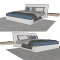 Modern Upholstered Double Bed With Blue Bedding And Side Table On Gray Rug