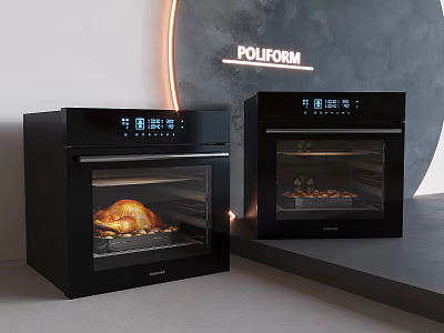 Modern Black Kitchen Double Ovens With Roasted Chicken Inside POLIFORM Design 3d model