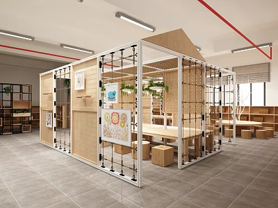 School Indoor Educational Space With Enclosed Area Tables Stools And Plants 3d model