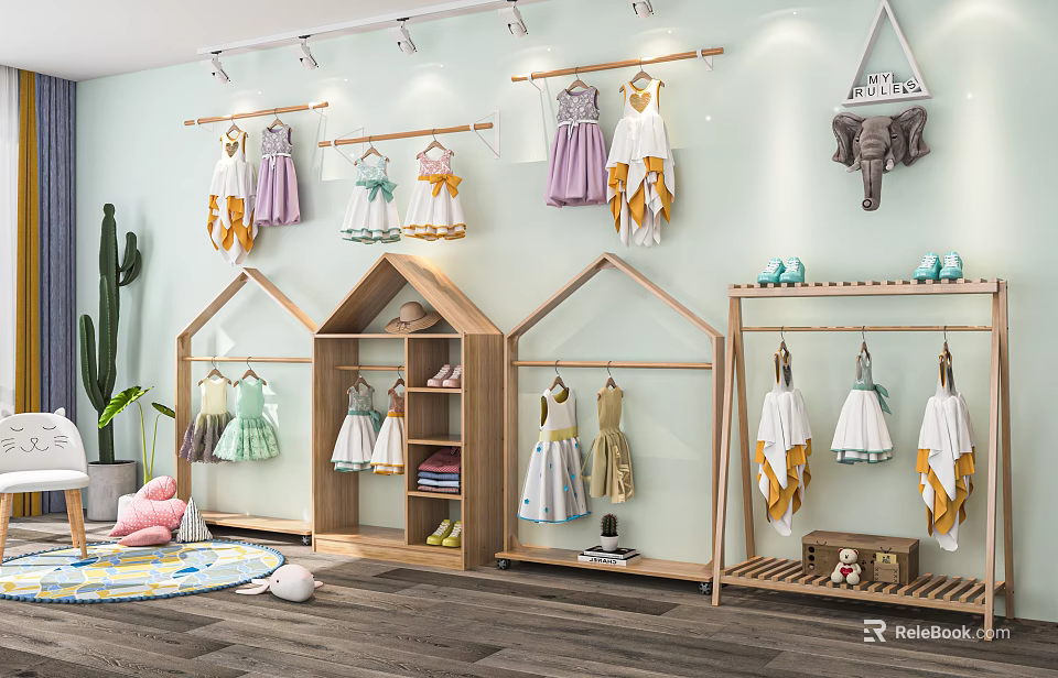 Cute Children's Clothing Store With Hanging Dresses Wooden Racks Wall Decor And Green Plants 3d model 