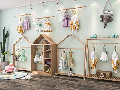 Cute Children's Clothing Store With Hanging Dresses Wooden Racks Wall Decor And Green Plants 3d model