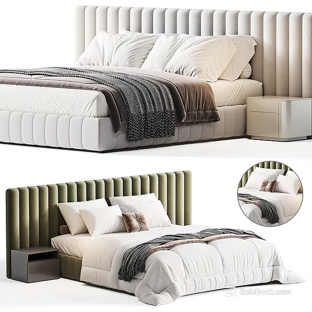 Modern Double Bed With Vertical Panel Headboard Soft Bedding And Wooden Nightstand 3d model