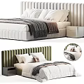 Modern Double Bed With Vertical Panel Headboard Soft Bedding And Wooden Nightstand 3d model