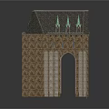 Medieval Castle Gateway Structure With Stone Walls Arched Entry And Spire Towers
