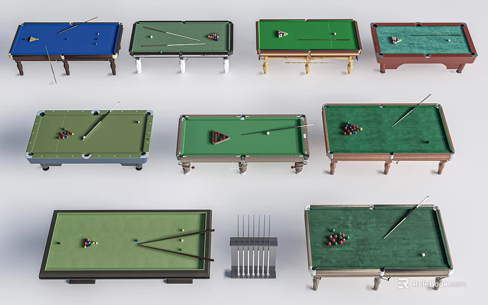 Modern Billiard Room Featuring Multiple Pool Tables Different Colors Balls And Cues 3d model
