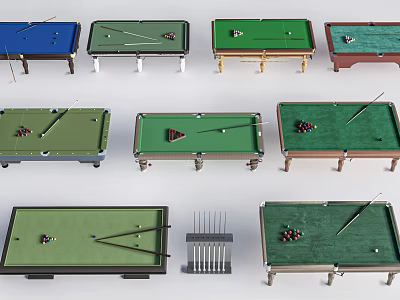 Modern Billiard Room Featuring Multiple Pool Tables Different Colors Balls And Cues 3d model