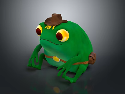 Green Frog Adventurer Plush Toy Character with Brown Hat Yellow Eyes Belt and Backpack 3d model