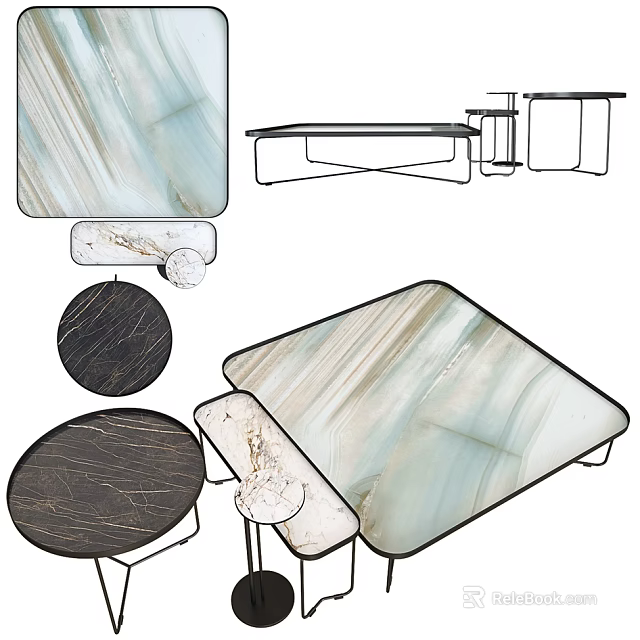 Sleek Modern Coffee Tables With Marble Texture And Metal Frame In Various Shapes 3d model 