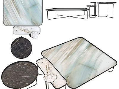 Sleek Modern Coffee Tables With Marble Texture And Metal Frame In Various Shapes 3d model
