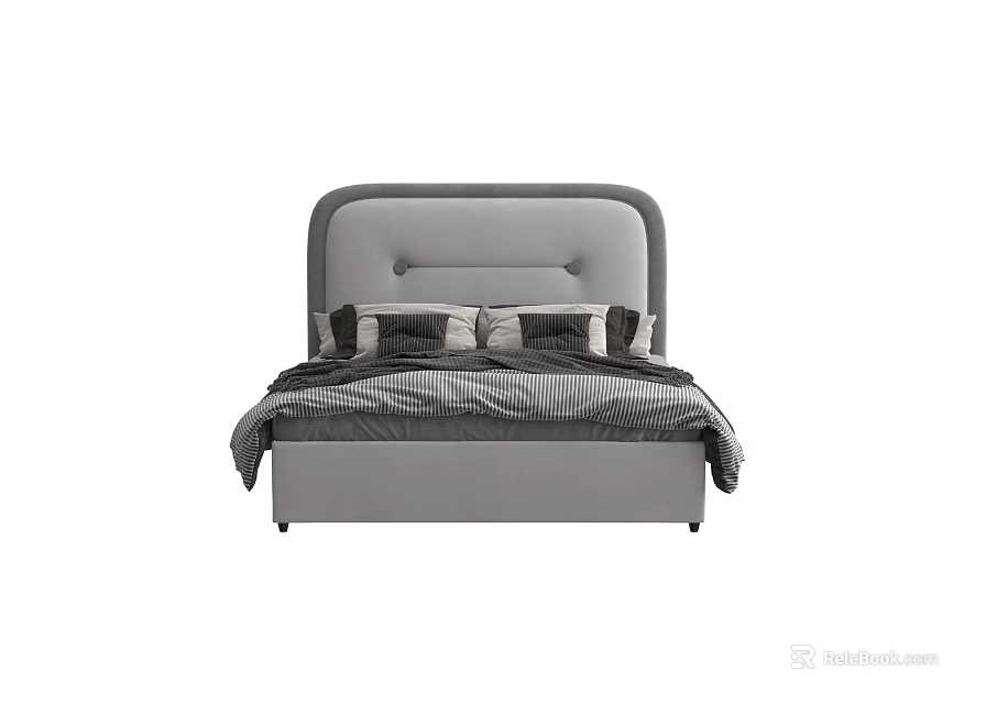 Modern Double Bed With Gray Upholstered Headboard And Plaid Bedding 3d model