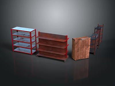 Sturdy Multi tiered Display Shelves With Red Metal Frames And Brown Wooden Layers 3d model