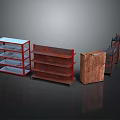 Sturdy Multi tiered Display Shelves With Red Metal Frames And Brown Wooden Layers