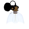 Black and Gold Wall Lamp with Transparent Glass Shade and Vintage Bulb