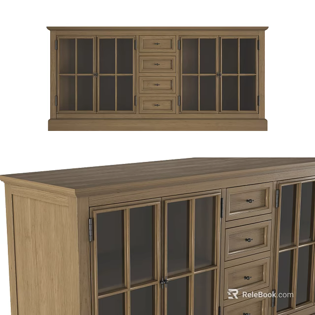 Rustic Wooden Sideboard With Glass Doors Drawers And Storage Cabinets 3d model 