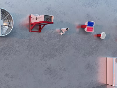 Projection Monitoring System With Wall Mounted Cameras Red Bracket And Security Alarms 3d model