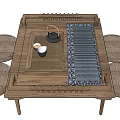 Traditional Wooden Tea Table And Chairs With Tea Set And Round Woven Cushions