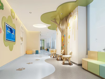 Kindergarten Interior Design With Tree Decor Children Tables Colorful Seats And Wall Screen 3d model