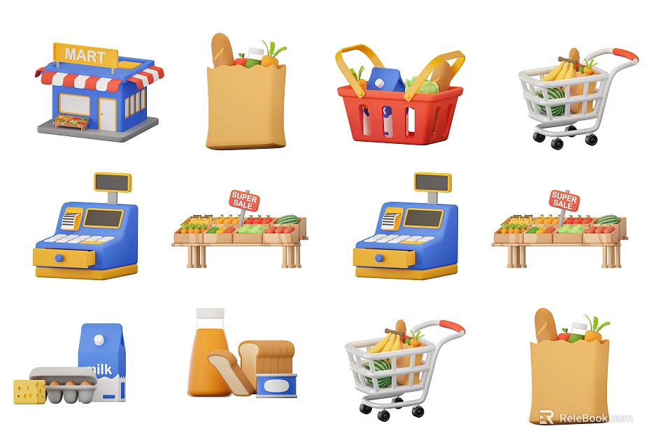Grocery Shopping Elements Including Cart Basket Cash Register And Produce Stalls 3d model 