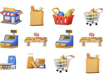 Grocery Shopping Elements Including Cart Basket Cash Register And Produce Stalls 3d model