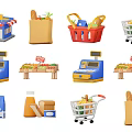 Grocery Shopping Elements Including Cart Basket Cash Register And Produce Stalls