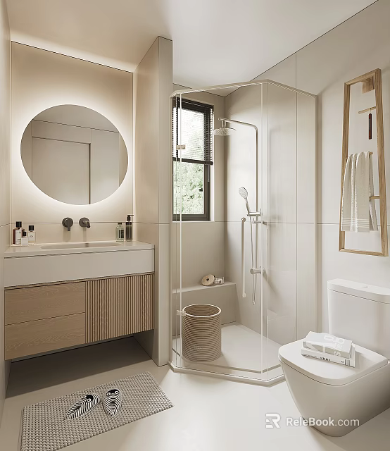 Elegant Modern Bathroom Interior with Round Mirror Vanity Shower Area Toilet and Natural Light 3d model 