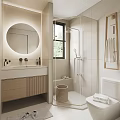 Elegant Modern Bathroom Interior with Round Mirror Vanity Shower Area Toilet and Natural Light