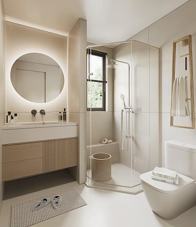 Elegant Modern Bathroom Interior with Round Mirror Vanity Shower Area Toilet and Natural Light 3d model
