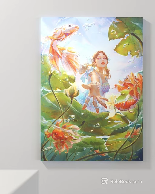 Vibrant Figure Painting Featuring Female with Flowing Hair in Lotus Pond Goldfish and Water Droplets 3d model 