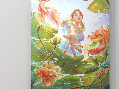 Vibrant Figure Painting Featuring Female with Flowing Hair in Lotus Pond Goldfish and Water Droplets 3d model