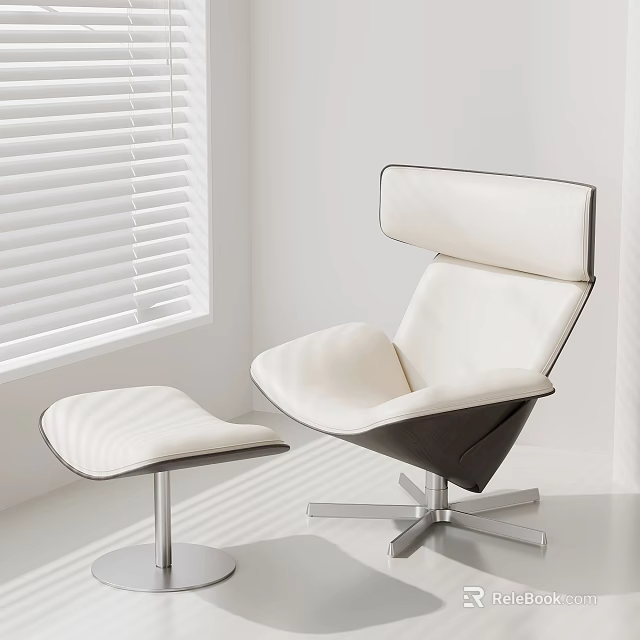Modern White Lounge Chair With Ottoman And Window Blinds In Interior Space 3d model 