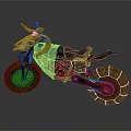 Vintage Worn Brownish Yellow Motorcycle With Deer Antler Decoration And Large Tires