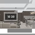 Bright Modern Integrated Dining And Living Room Interior With Large Floor To Ceiling Windows
