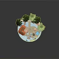 Cartoon Tropical Island Scene With Palm Trees Wooden Hut Slide And Swimming Pool