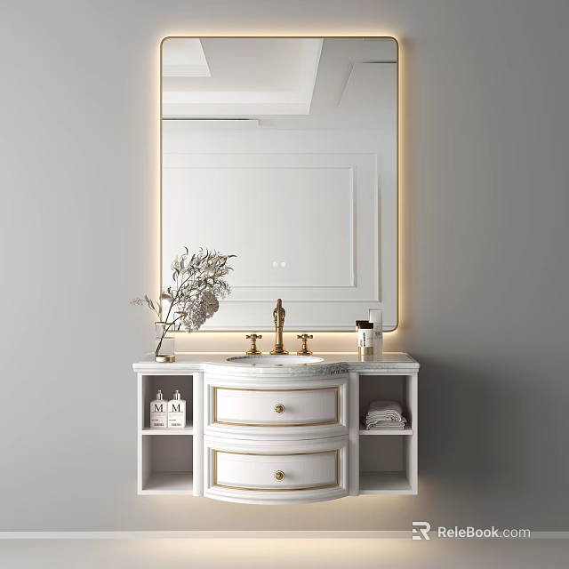 Modern White Vanity with Backlit Mirror Marble Countertop Golden Faucet Drawers and Toiletries 3d model 