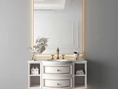Modern White Vanity with Backlit Mirror Marble Countertop Golden Faucet Drawers and Toiletries 3d model