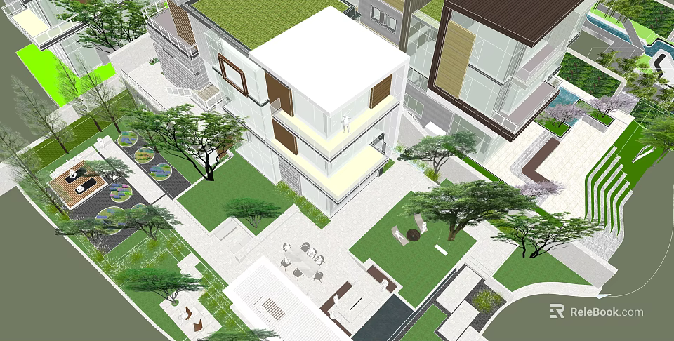 Modern Residential Landscape Design With Green Lawns Trees And Courtyard Seating 3d model 