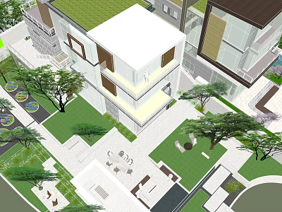 Modern Residential Landscape Design With Green Lawns Trees And Courtyard Seating 3d model