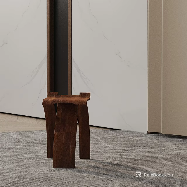 Modern Wooden Side Table With Unique Leg Design In Interior With Marble Wall And Carpet 3d model 
