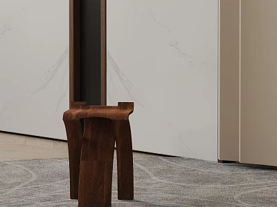 Modern Wooden Side Table With Unique Leg Design In Interior With Marble Wall And Carpet 3d model