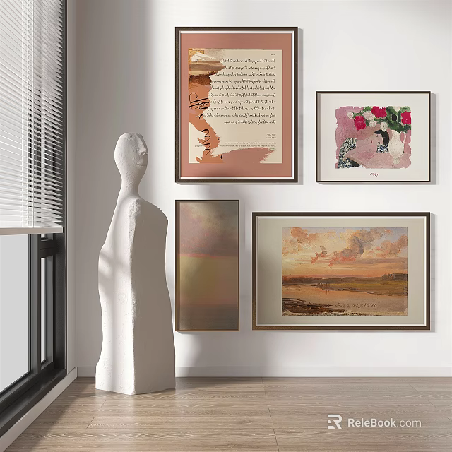 Scenic Landscape Painting With Sunset Over Hills And White Sculpture Near Window Blinds 3d model 