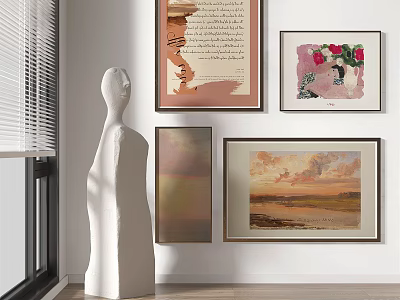 Scenic Landscape Painting With Sunset Over Hills And White Sculpture Near Window Blinds 3d model