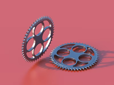 Two Shiny Metal Gears With Teeth On Red Background 3d model