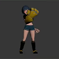 Anime Style Character With Blue Short Hair Black Top Denim Shorts And Yellow Mechanical Glove