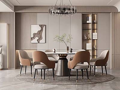 Elegant Modern Restaurant Interior With Round Dining Table Dining Chairs Crystal Chandelier And Decorative Painting 3d model